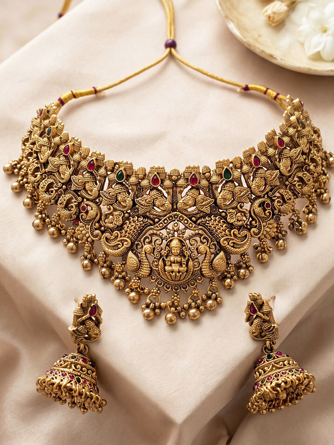 KARATCART Premium Gold-Plated Goddess Lakshmi Elephant Temple Bridal Jewellery Set for Women