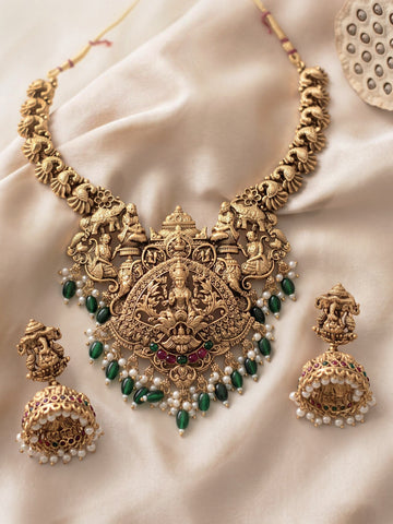 KARATCART Designer South Indian Style Gold-Plated Green Lakshmi Jewellery Set for Women