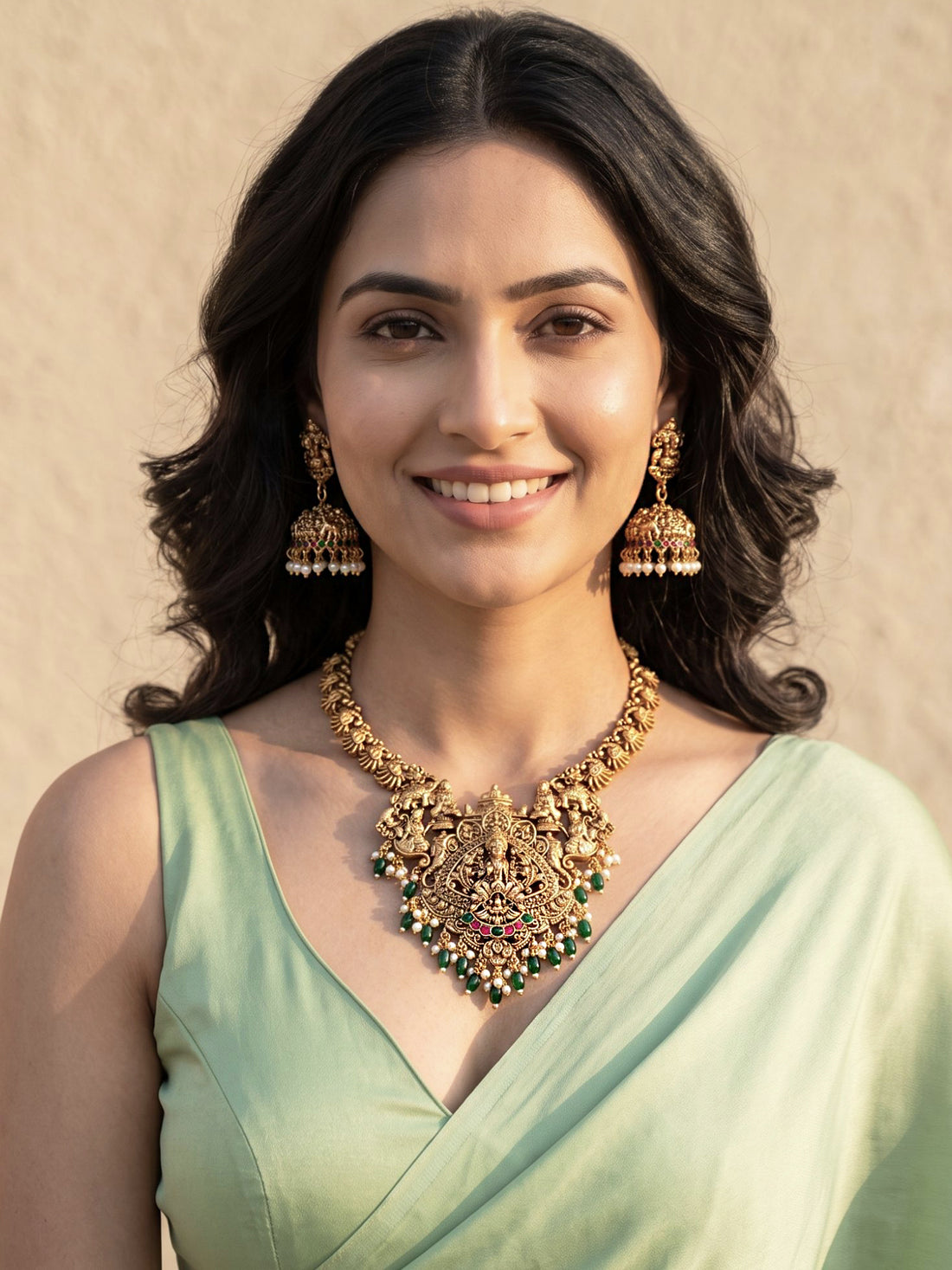 KARATCART Designer South Indian Style Gold-Plated Green Lakshmi Jewellery Set for Women