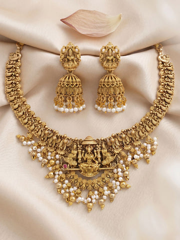 KARATCART Traditional Lakshmi Mata Temple Design Gold-Plated Pearl Necklace Set for Women