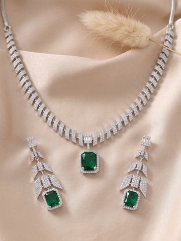 KARATCART Premium Silver-Plated Green American Diamond Jewellery Set for Women