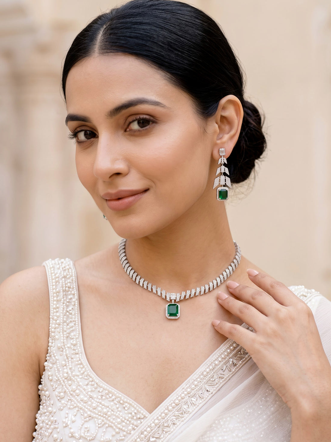KARATCART Premium Silver-Plated Green American Diamond Jewellery Set for Women