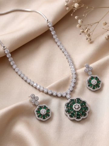 KARATCART Designer Silver-Plated Green Floral American Diamond Necklace Set for Women