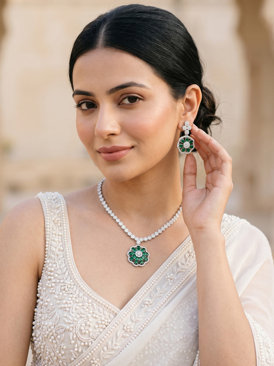 KARATCART Designer Silver-Plated Green Floral American Diamond Necklace Set for Women