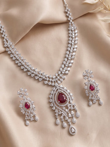 KARATCART Premium Red Teardrop American Diamond Silver-Plated Jewellery Set for Women