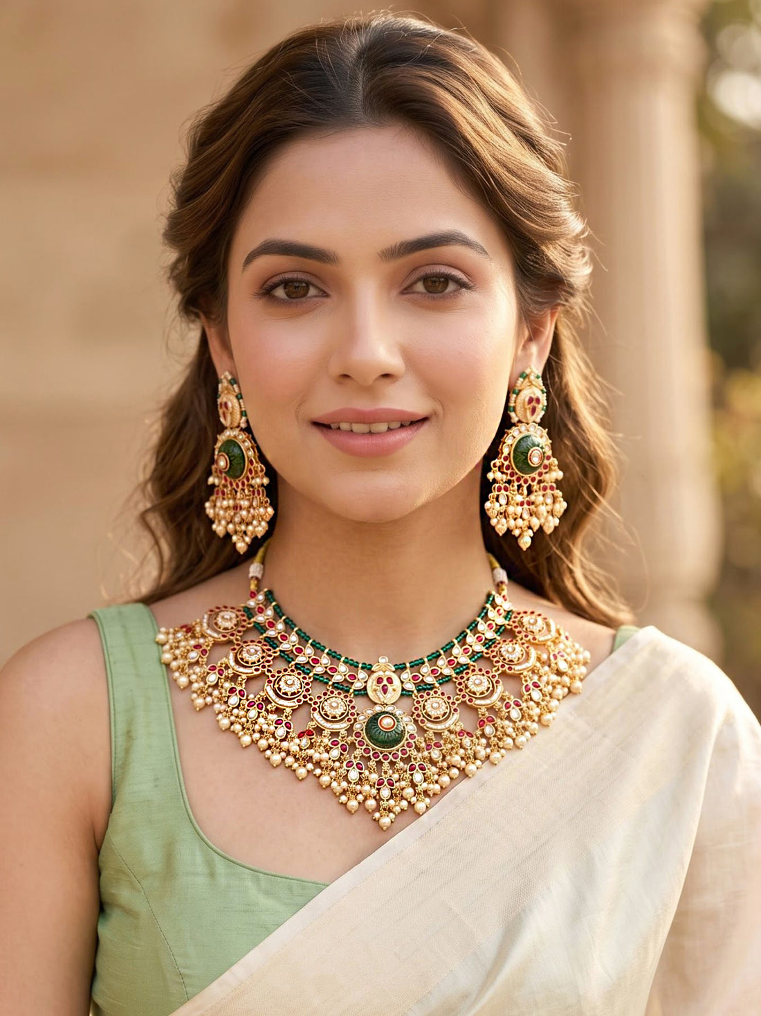 KARATCART Royal Gold-Plated Red Green Floral Kundan Bridal Choker Jewellery Set for Women