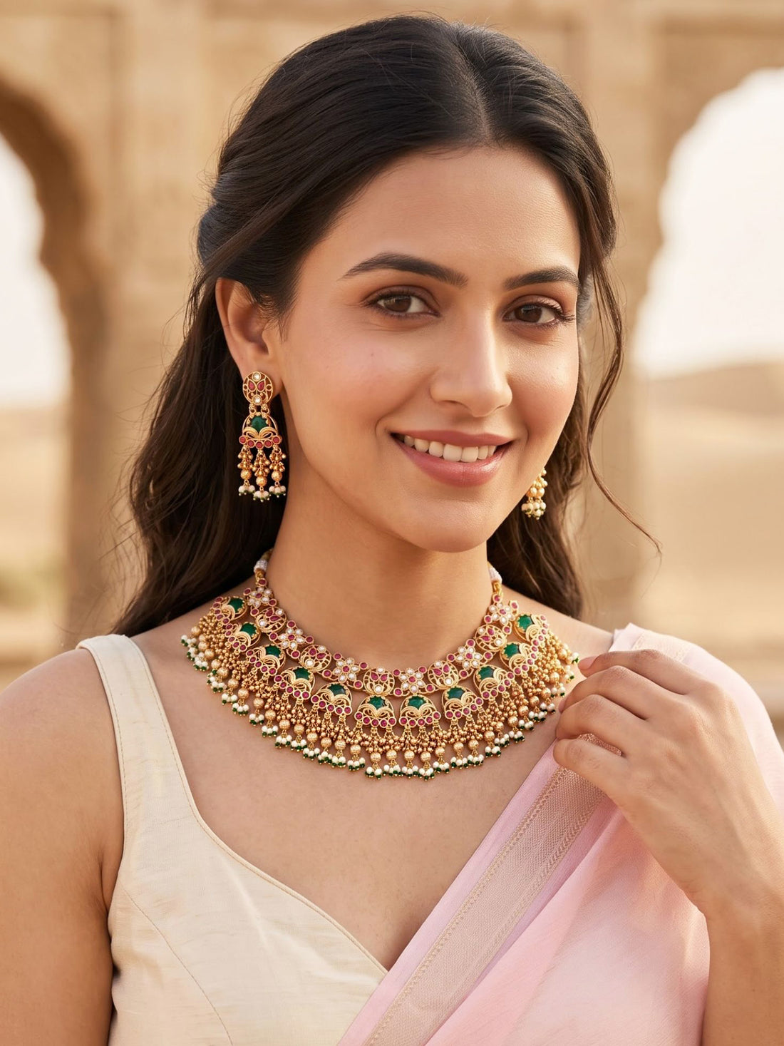 KARATCART Royal Gold-Plated Red Green Beaded Kundan Bridal Choker Jewellery Set for Women