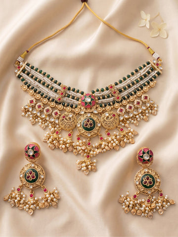 KARATCART Premium Gold-Plated Floral Meena Kundan Bridal Choker Jewellery Set for Women