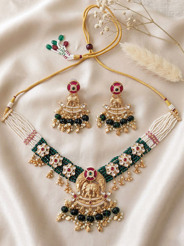 KARATCART Traditional Gold-Plated Mata Lakshmi Green Beads Temple Jewellery Set for Women