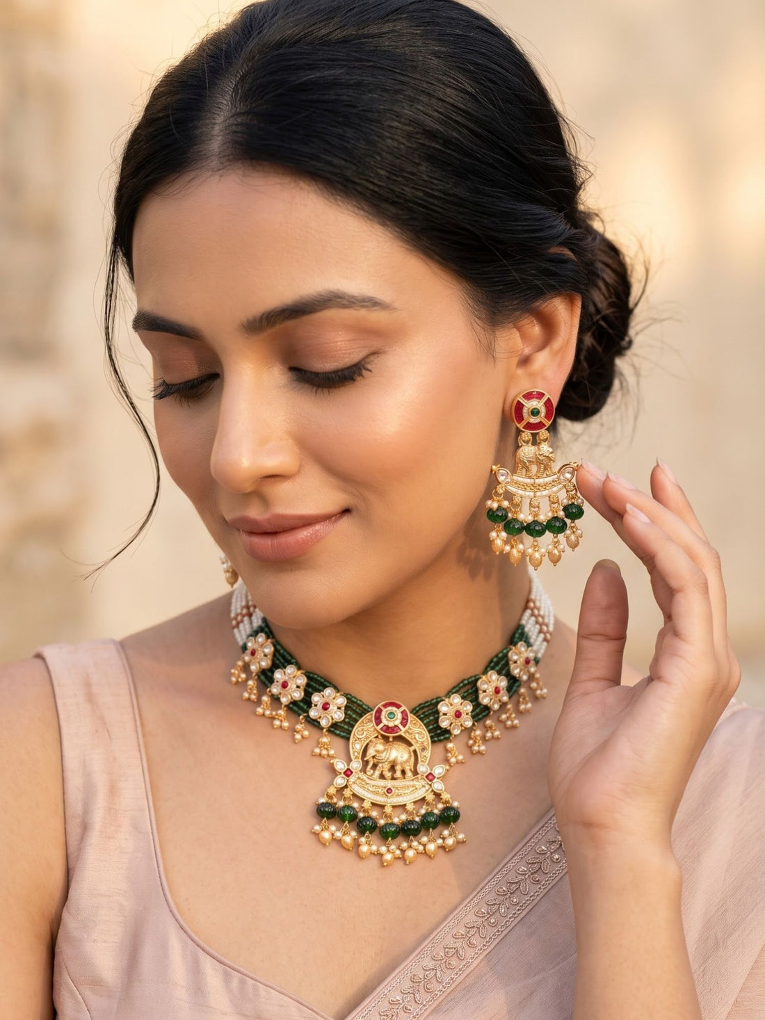 KARATCART Traditional Gold-Plated Mata Lakshmi Green Beads Temple Jewellery Set for Women