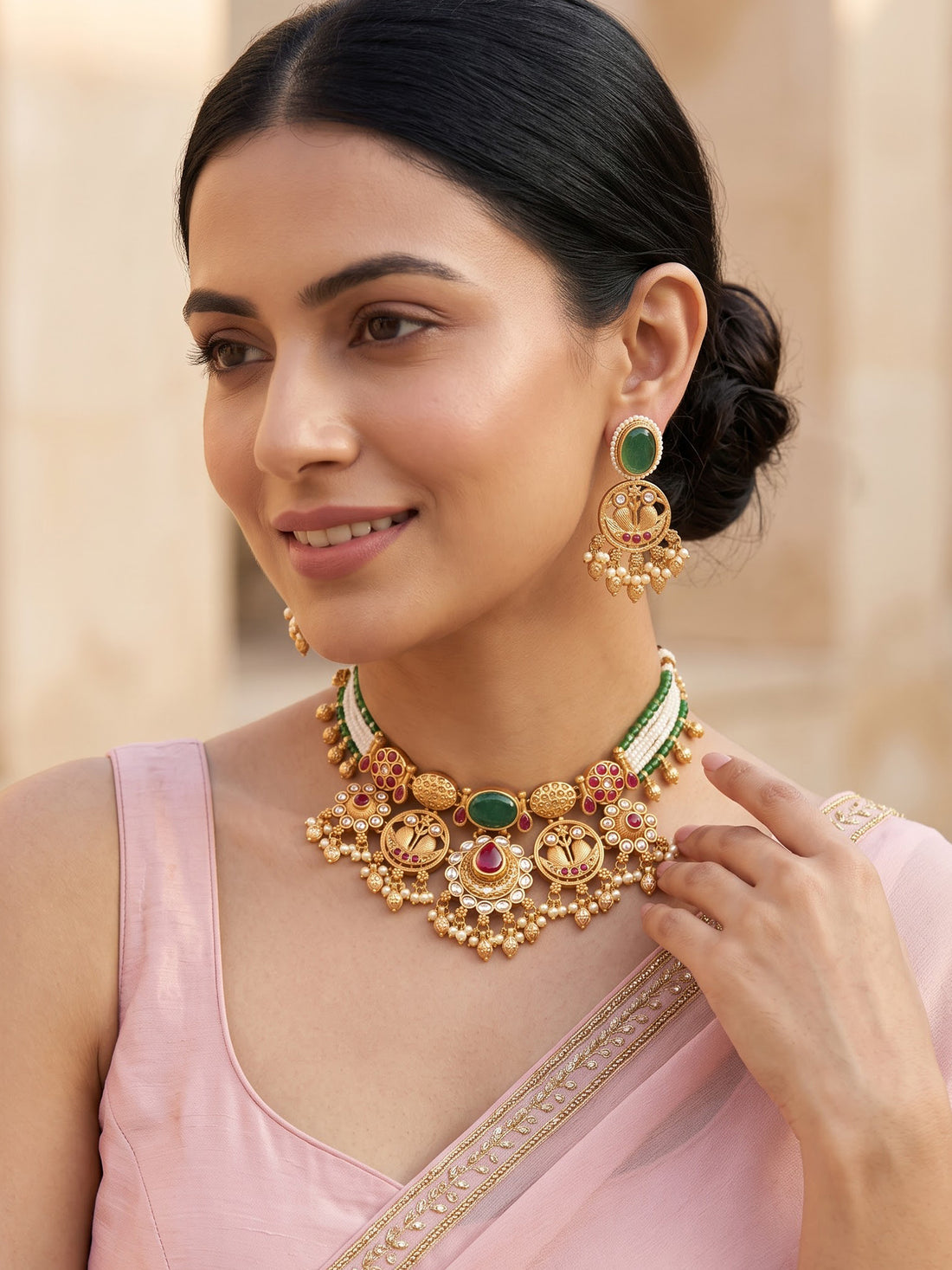 KARATCART Designer Gold-Plated Green Oval Stone Kundan Choker Necklace Set for Women