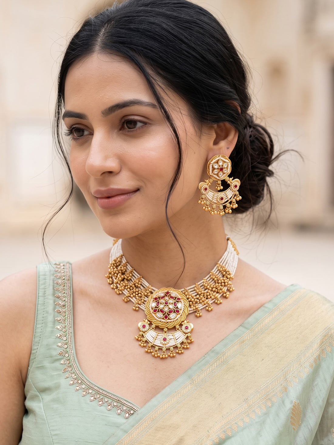 KARATCART Traditional Gold-Plated Floral Red Kundan Pearl Beaded Jewellery Set for Women