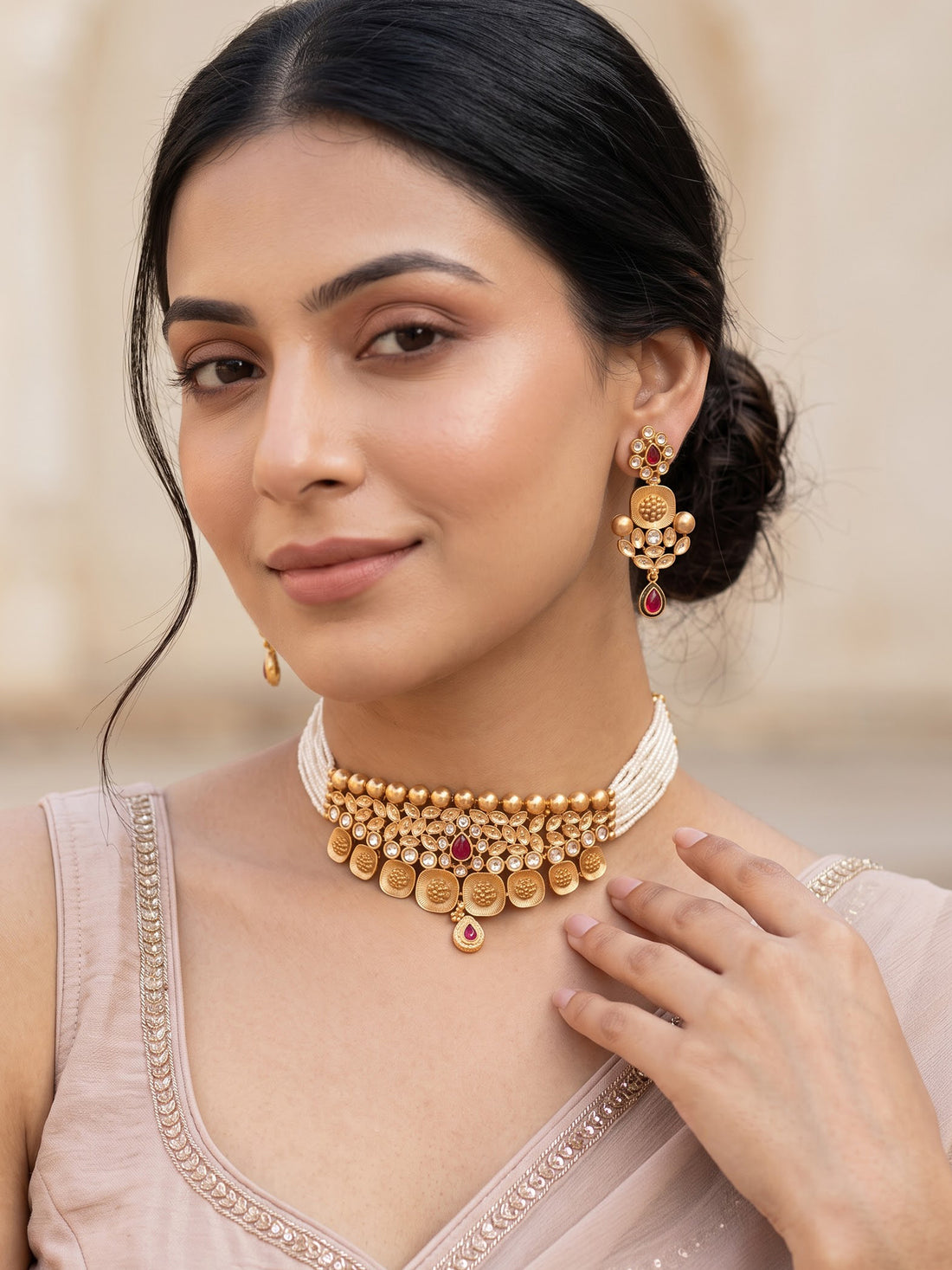 KARATCART Traditional Gold-Plated Red Pearl Beaded Choker Jewellery Set for Women