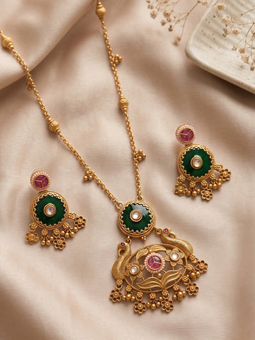 KARATCART Designer Gold-Plated Floral Green Stone Kundan Rani Haar Jewellery Set for Women