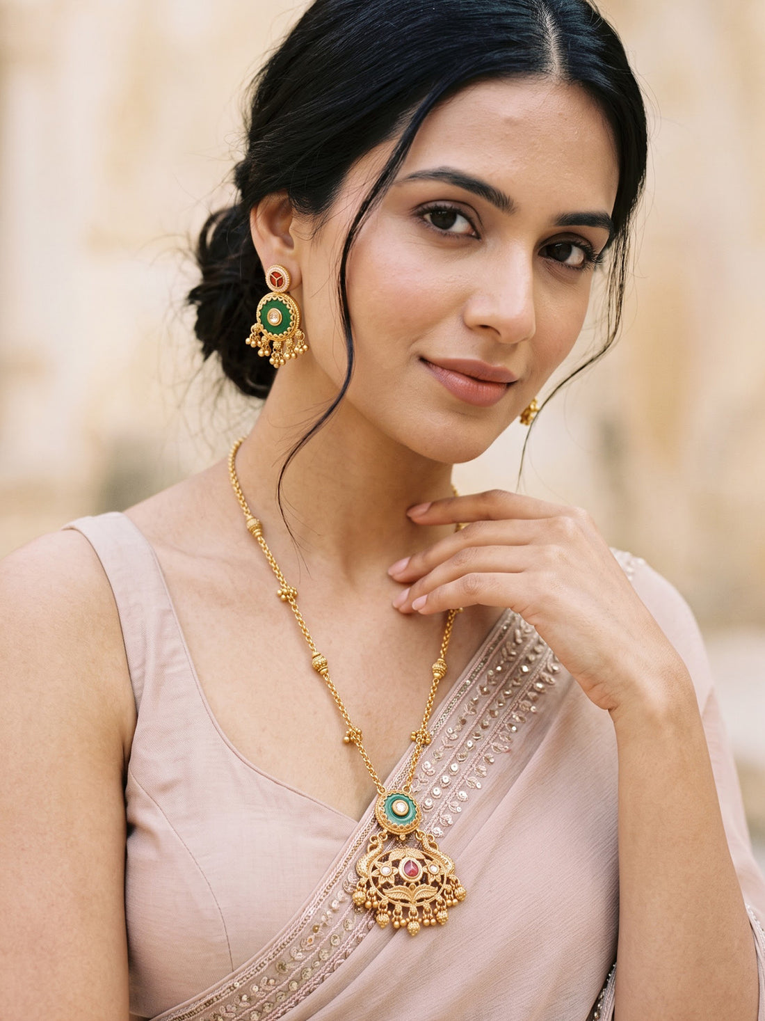 KARATCART Designer Gold-Plated Floral Green Stone Kundan Rani Haar Jewellery Set for Women