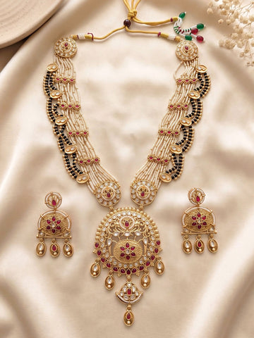 KARATCART Ethnic Gold-Plated Pearl Beaded Kundan Rani Haar Jewellery Set for Women