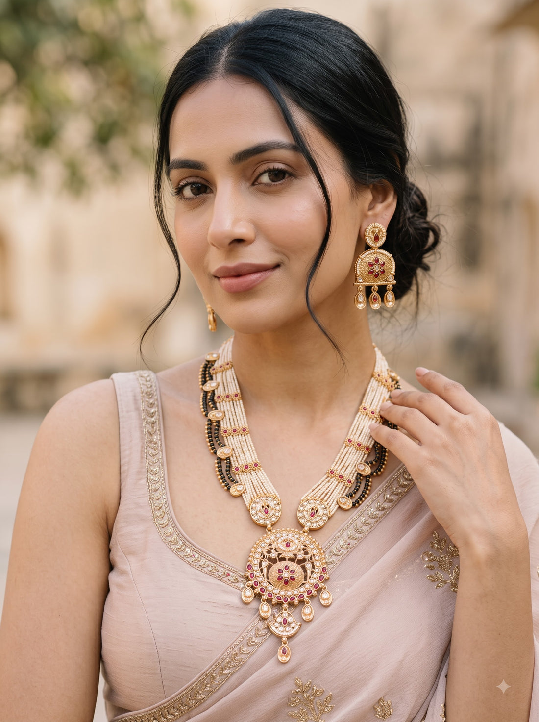 KARATCART Ethnic Gold-Plated Pearl Beaded Kundan Rani Haar Jewellery Set for Women