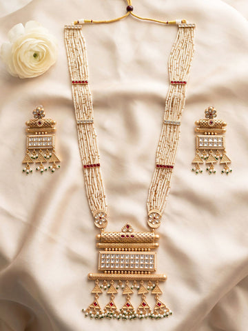 KARATCART Traditional Gold-Plated Pearl Beaded Kundan Rani Haar Jewellery Set for Women