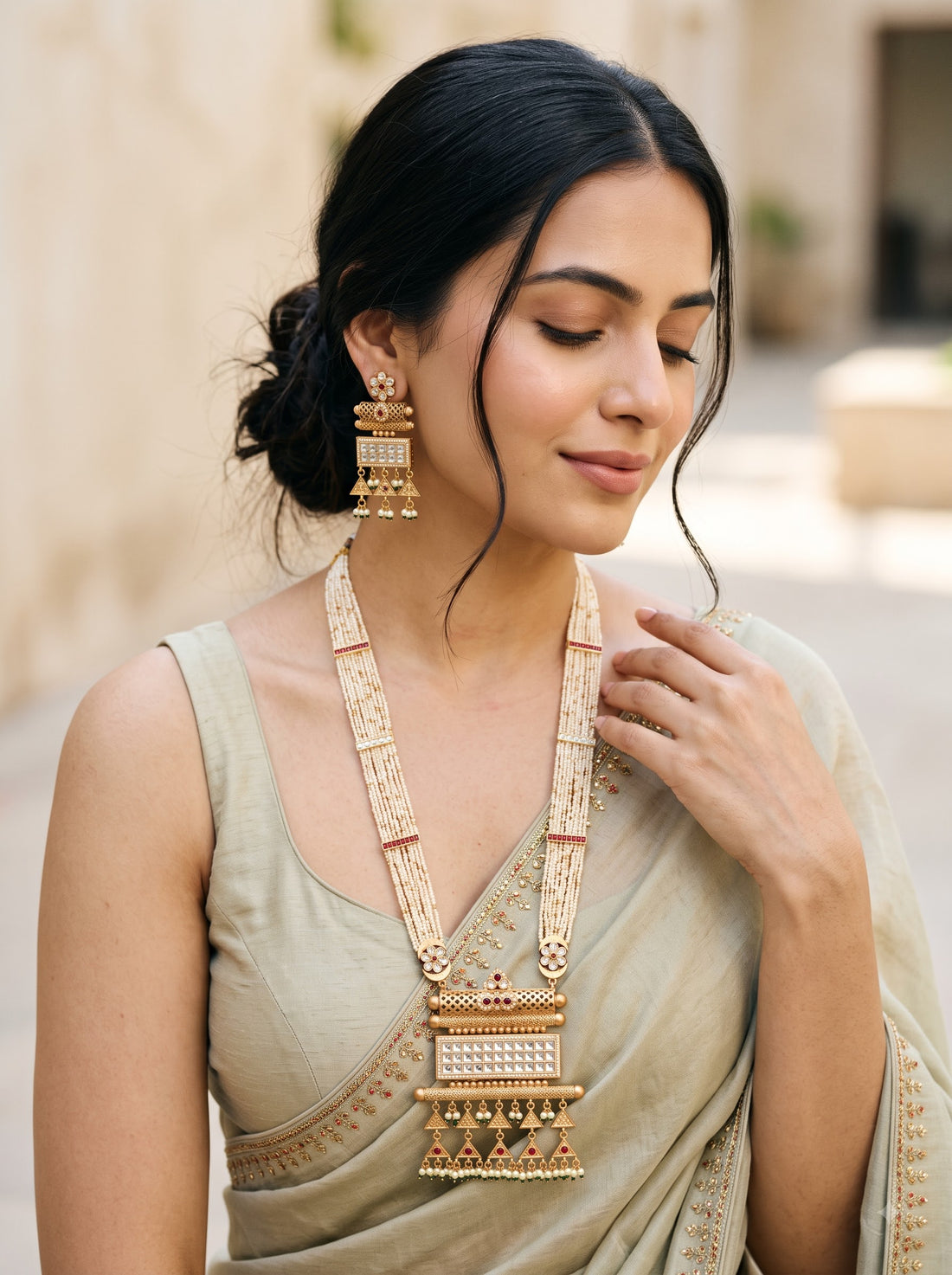 KARATCART Traditional Gold-Plated Pearl Beaded Kundan Rani Haar Jewellery Set for Women