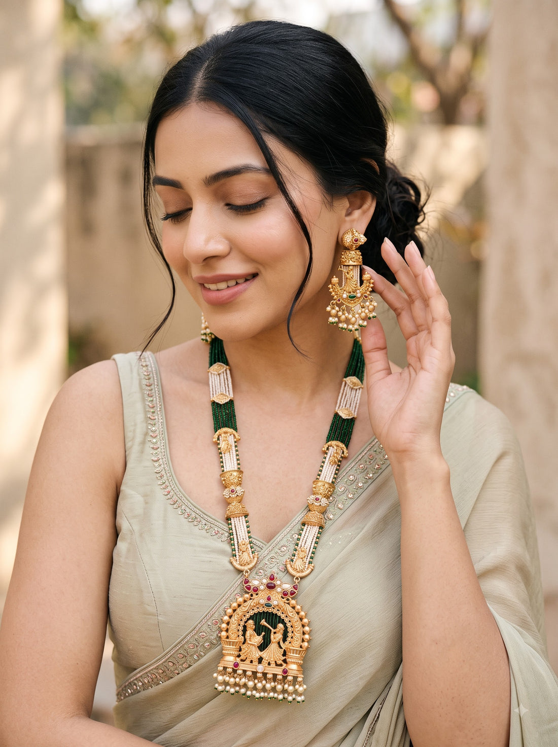 KARATCART Traditional Gold-Plated Green Crystal Kundan Rani Haar Jewellery Set for Women