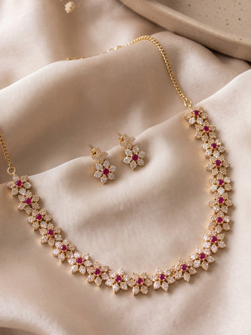 KARATCART Premium Gold-Plated Red Floral American Diamond Jewellery Set for Women