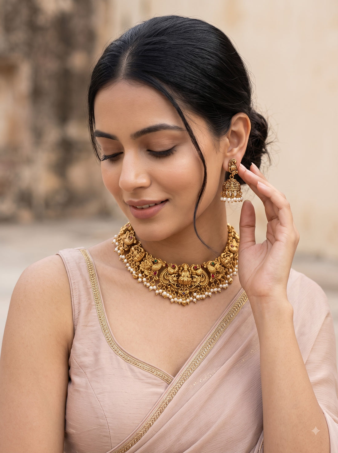 KARATCART Designer Gold-Plated Lakshmi Mata South Indian Temple Jewellery Set for Women