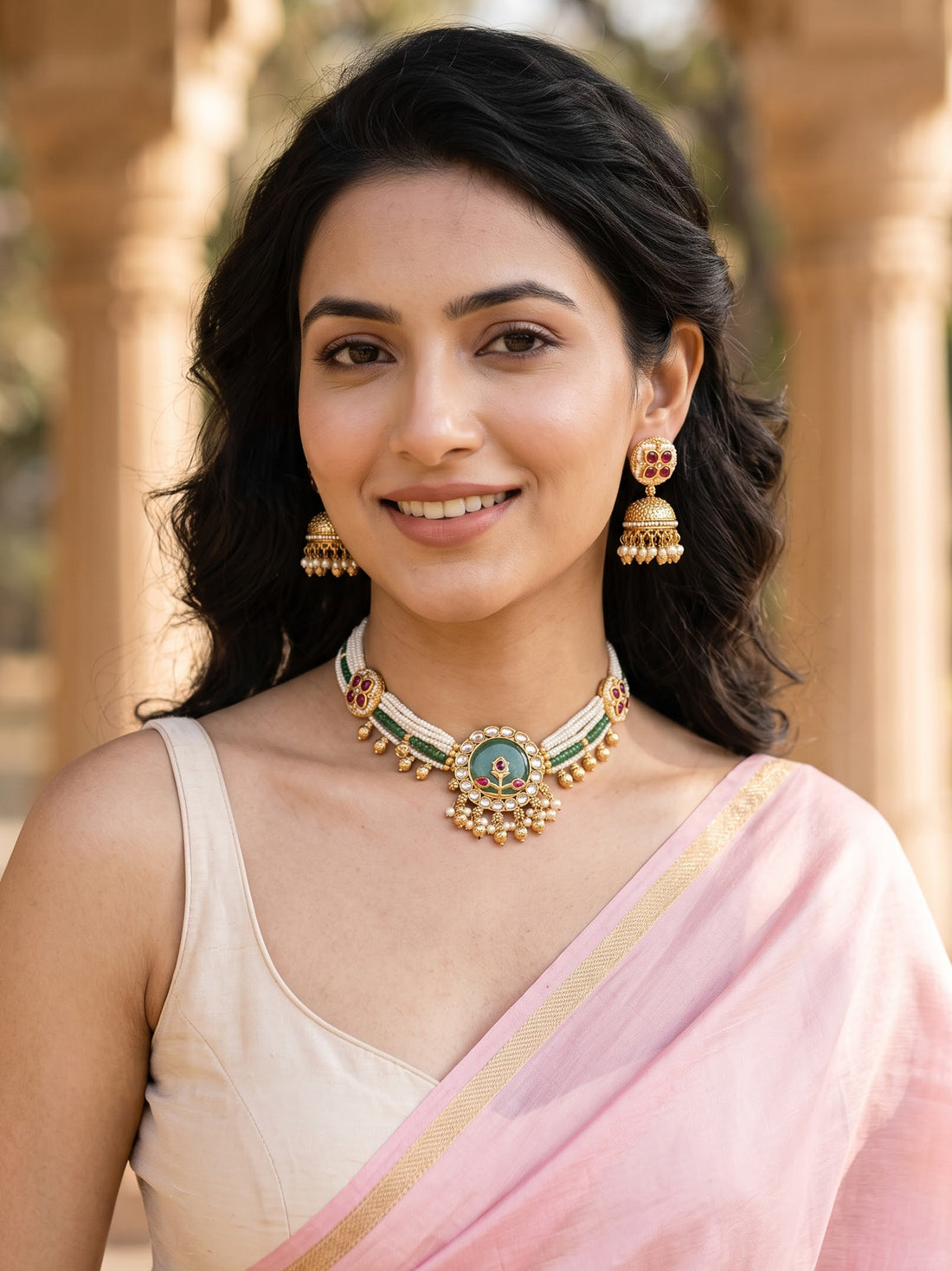 KARATCART Traditional Gold-Plated Floral Green Stone Kundan Choker Jewellery Set for Women