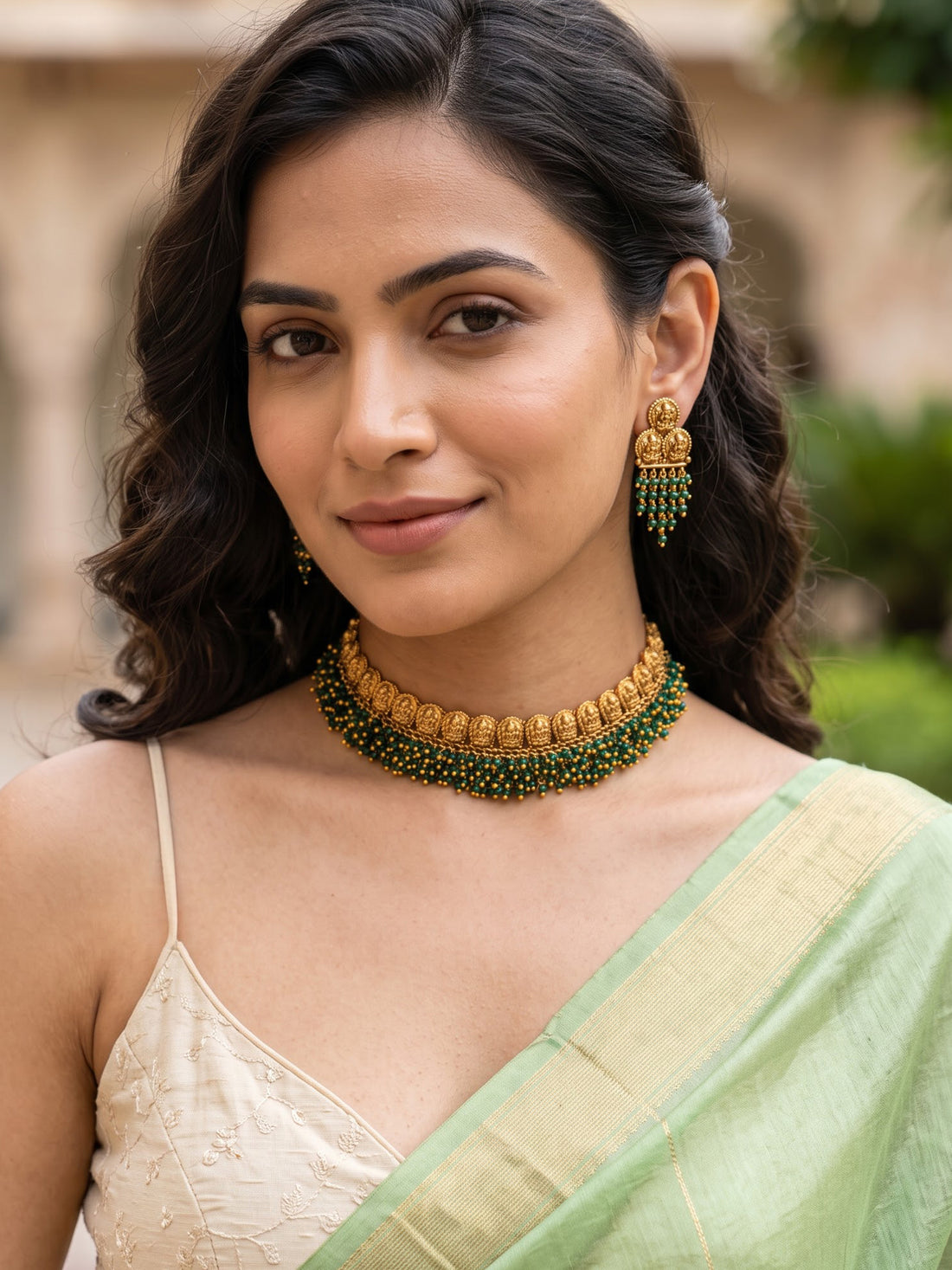KARATCART Designer Gold-Plated Green Crystal South Indian Temple Jewellery Set for Women