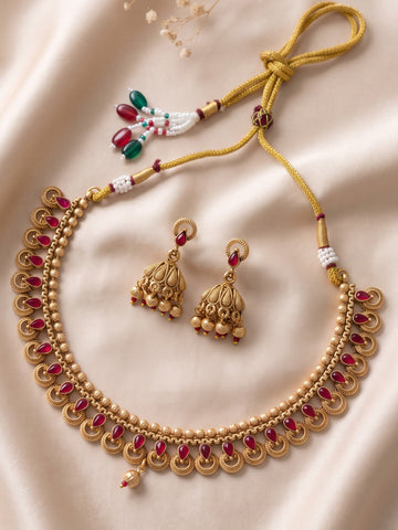 KARATCART Premium Gold-Plated Red Stone South Indian Temple Jewellery Set for Women