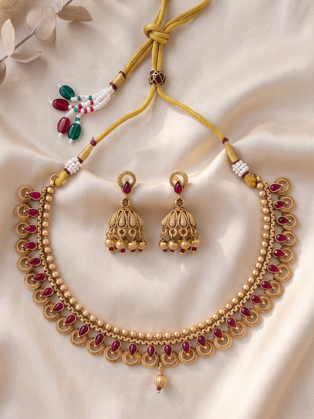KARATCART Premium Gold-Plated Red Stone South Indian Temple Jewellery Set for Women