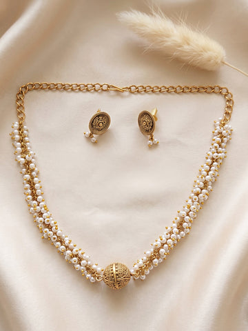 KARATCART Designer Gold Plated Ornate Round Pearl Beaded Necklace Set for Women