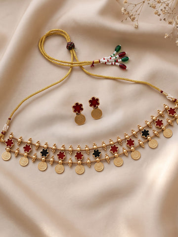 KARATCART Gold Plated Red & Green Stone Floral Choker Temple Jewellery Set for Women