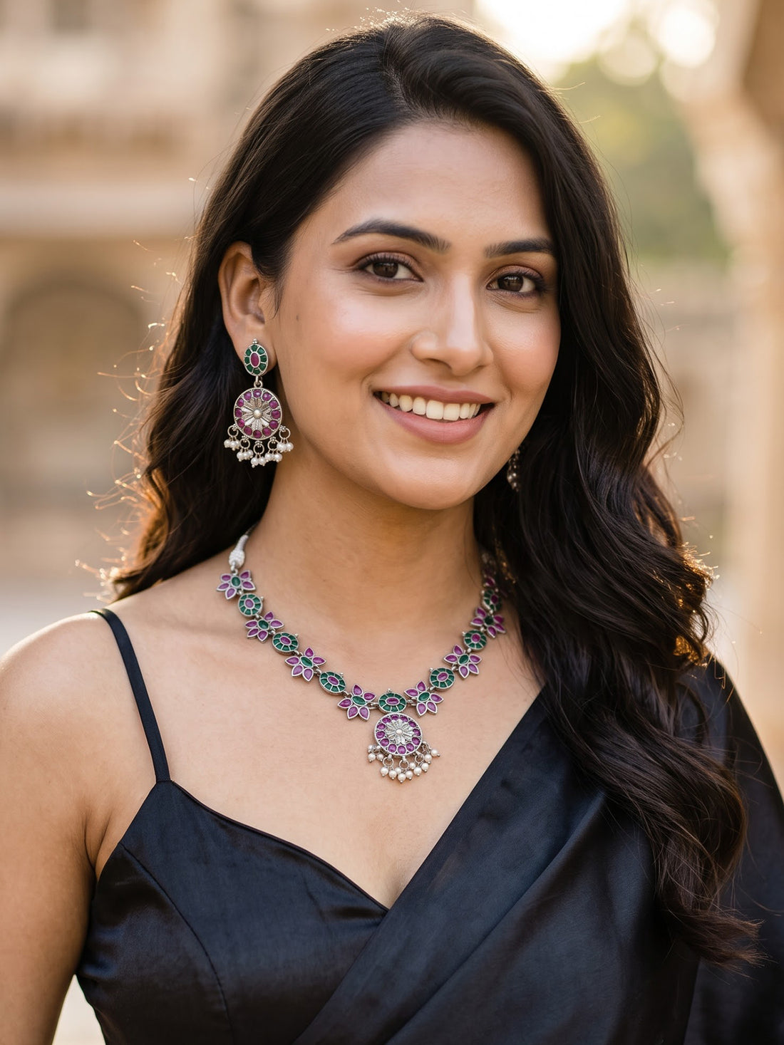 KARATCART Oxidised Silver Pink & Green Stone Studded Necklace Set for Women