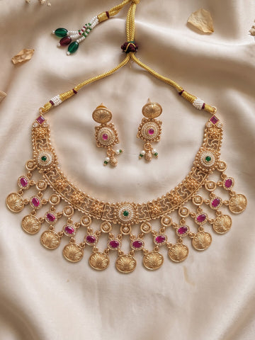 KARATCART Premium Gold-Plated Red & Green Kundan Coin Drop Bridal Necklace Set for Women