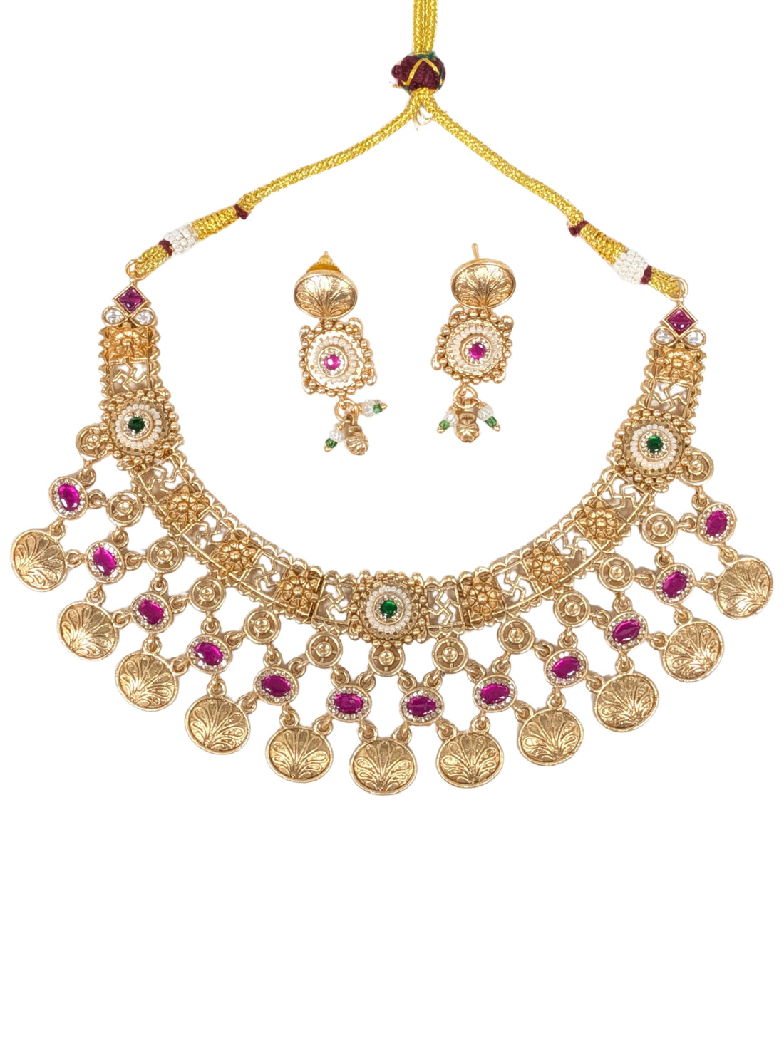 KARATCART Premium Gold-Plated Red & Green Kundan Coin Drop Bridal Necklace Set for Women