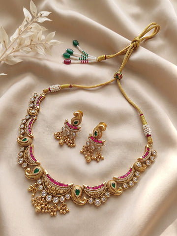 KARATCART Elegant Gold-Plated Red & Green Kundan-Style Necklace Set for Women
