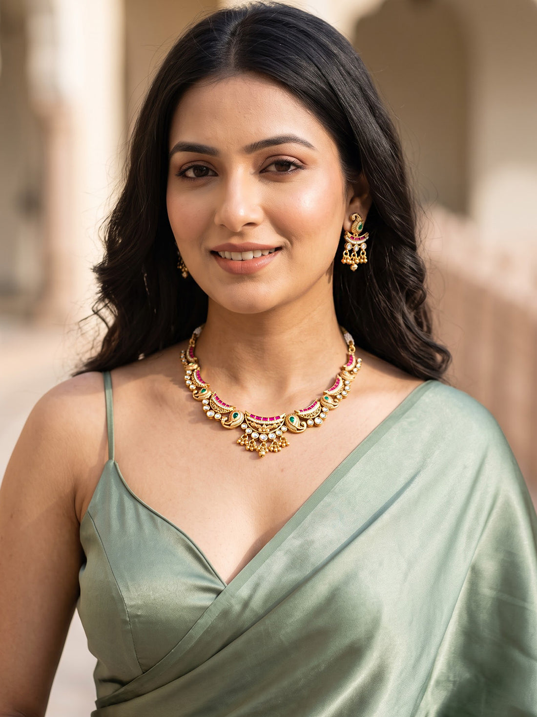 KARATCART Elegant Gold-Plated Red & Green Kundan-Style Necklace Set for Women