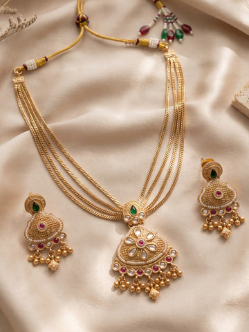 KARATCART Gold-Plated Green & Pink Stone Studded Multi-Layer Necklace Set for Women