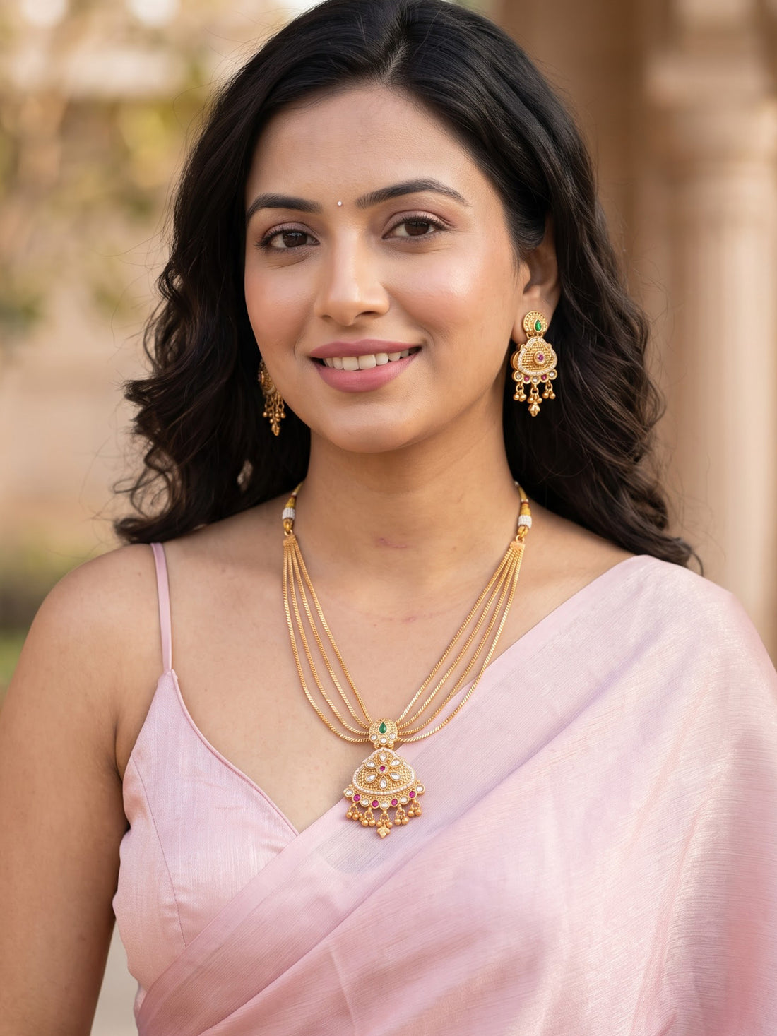 KARATCART Gold-Plated Green & Pink Stone Studded Multi-Layer Necklace Set for Women