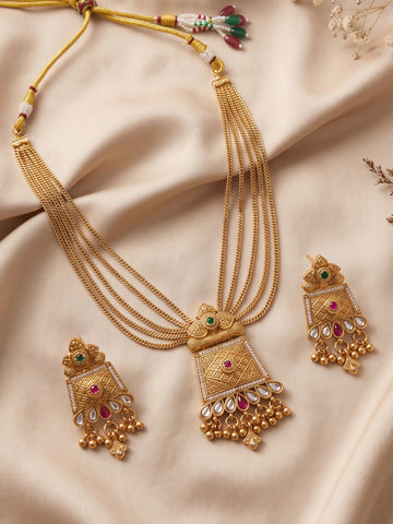 KARATCART Gold-Plated Green & Pink Stone Studded Floral Multi-Layer Necklace Set for Women