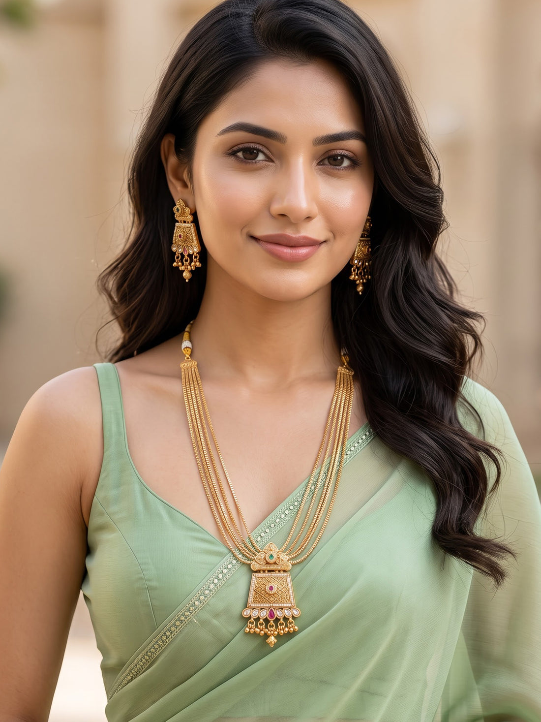 KARATCART Gold-Plated Green & Pink Stone Studded Floral Multi-Layer Necklace Set for Women