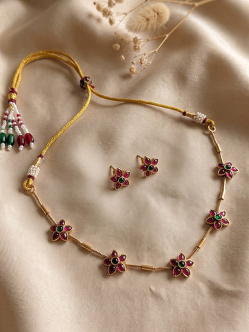 KARATCART Traditional Gold-Plated Red & Green Floral Design Necklace Set for Women