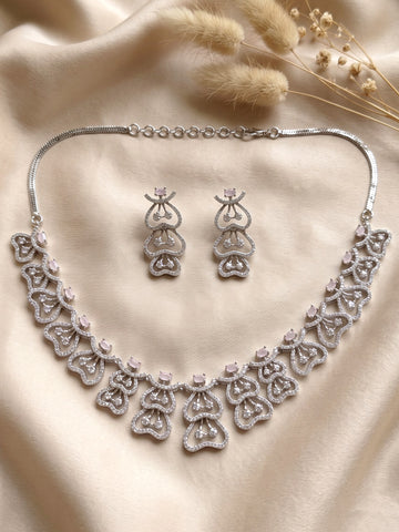 KARATCART Premium Silver-Plated Pink American Diamond Jewellery Set for Women