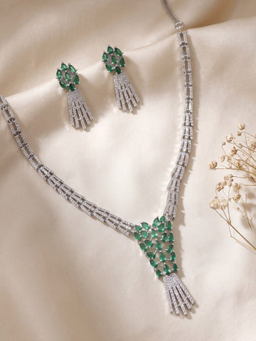 KARATCART Premium Silver-Plated Green American Diamond Jewellery Set for Women