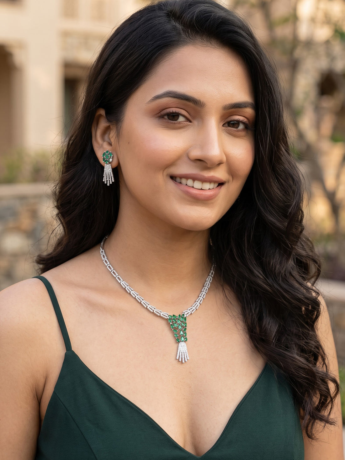 KARATCART Premium Silver-Plated Green American Diamond Jewellery Set for Women