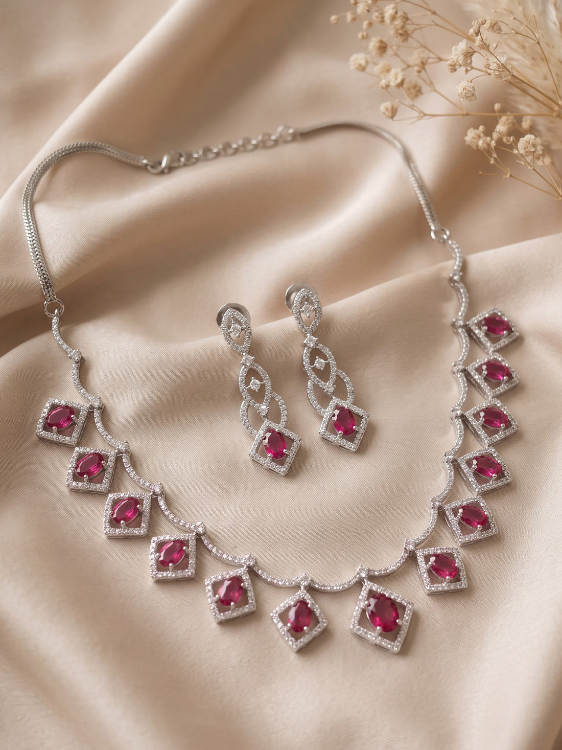 KARATCART Premium Silver-Plated Red American Diamond Jewellery Set for Women