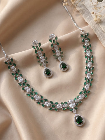 KARATCART Premium Silver-Plated Green American Diamond Jewellery Set for Women