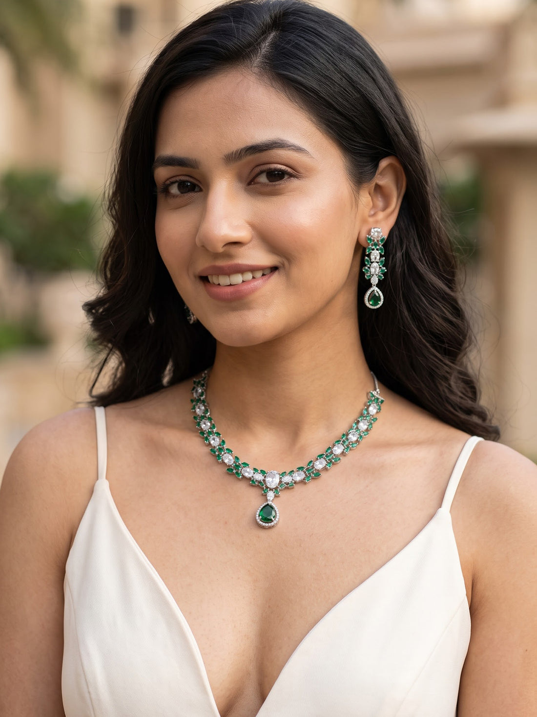 KARATCART Premium Silver-Plated Green American Diamond Jewellery Set for Women