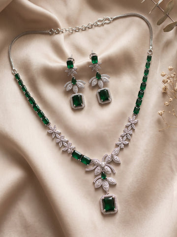 KARATCART Premium Silver-Plated Green American Diamond Jewellery Set for Women