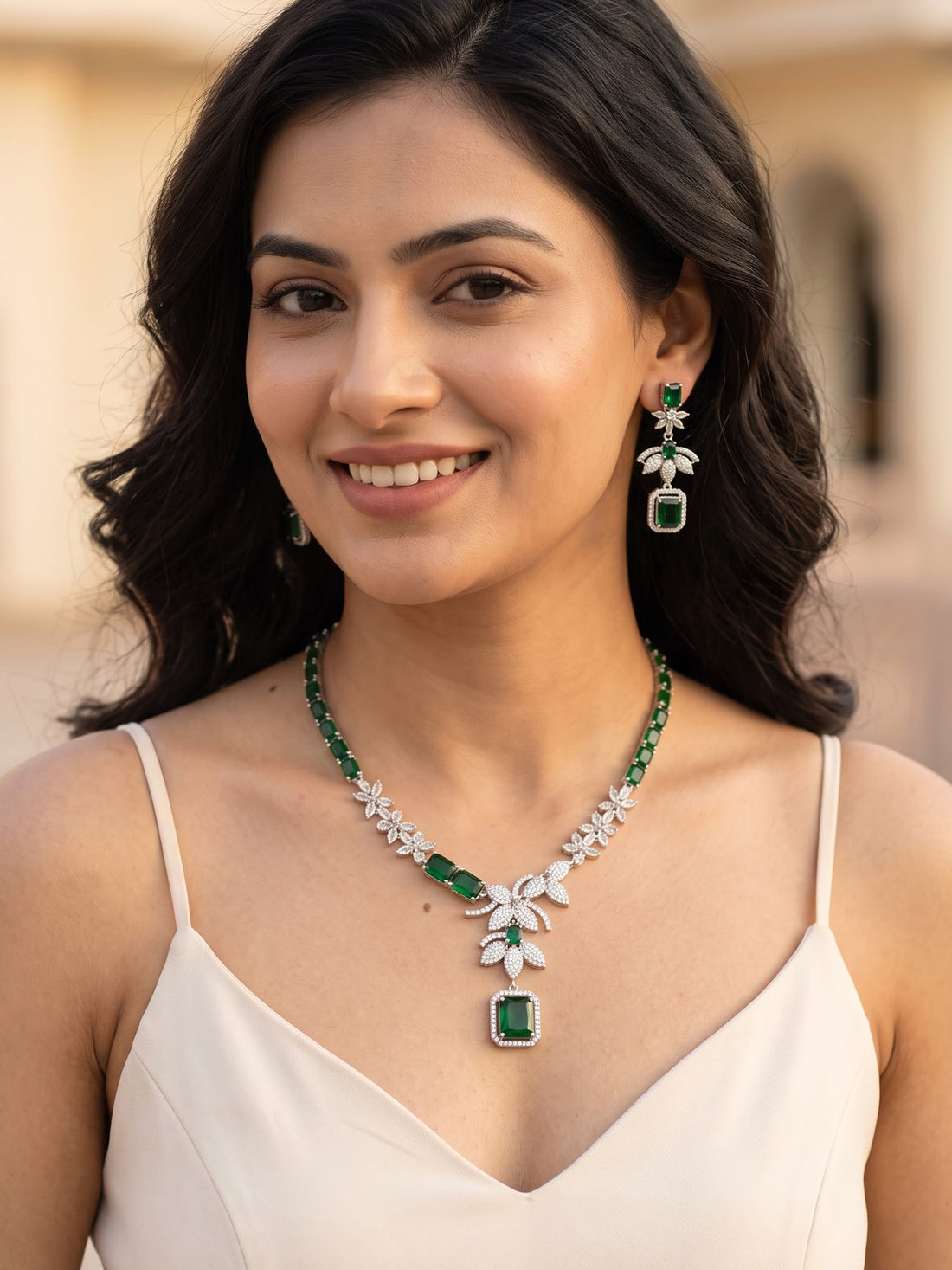 KARATCART Premium Silver-Plated Green American Diamond Jewellery Set for Women